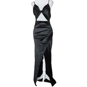 Love Culture Black Satin Maxi Dress Women's Large Cutout High Slit Sexy Evening